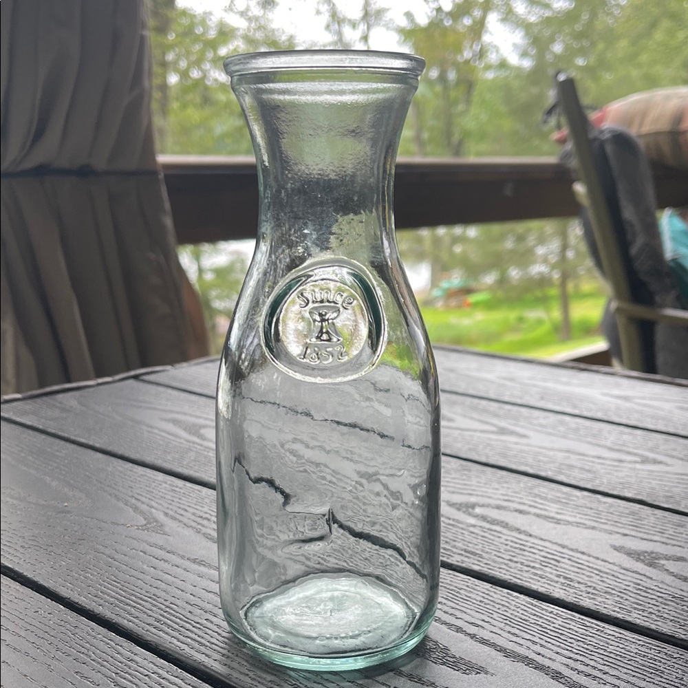 Vintage Clear Glass Carafe with Embossed Logo “Since 1852”